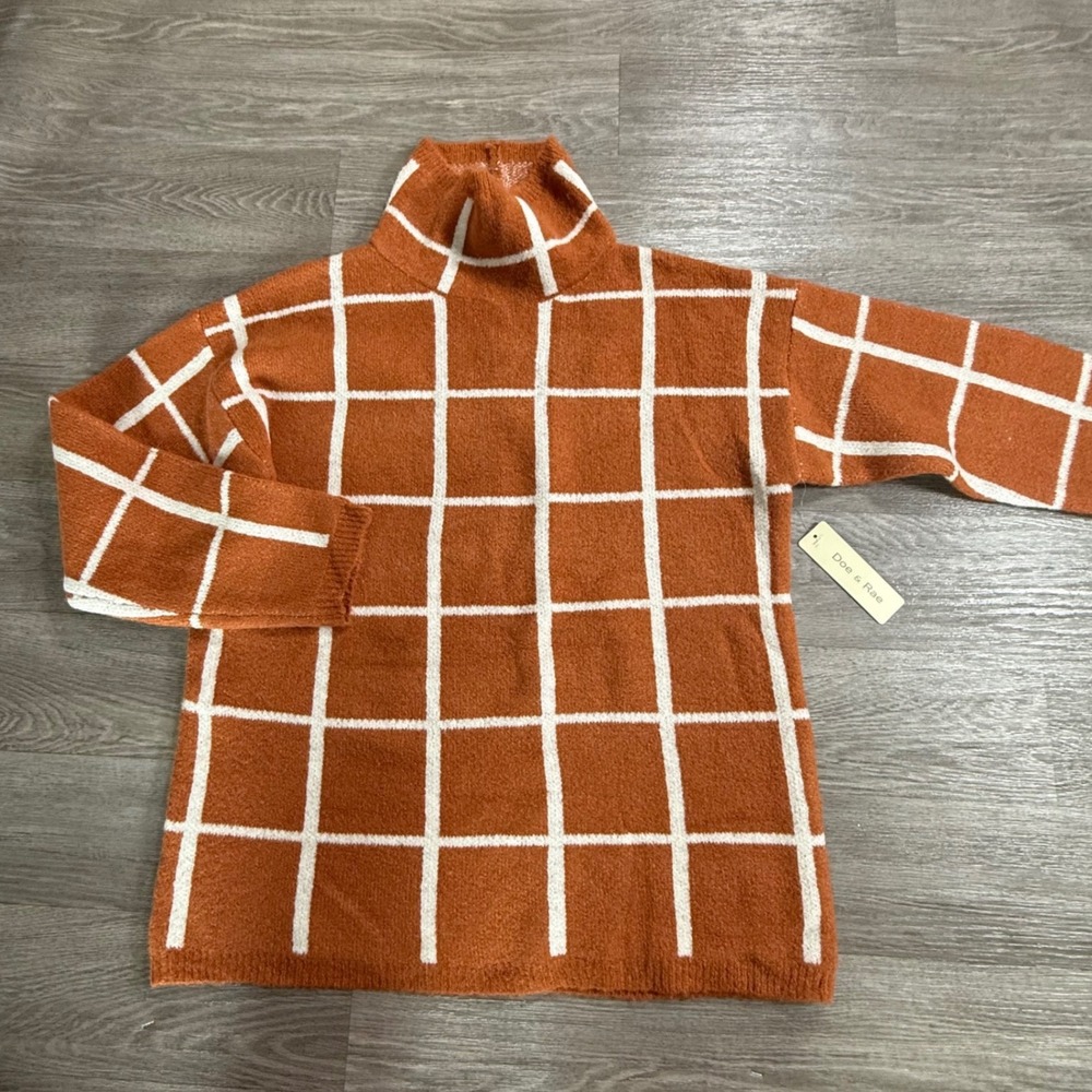 Doe & Rae Womens Rust Orange Windowpane Plaid Turtleneck Sweater Size M NWT